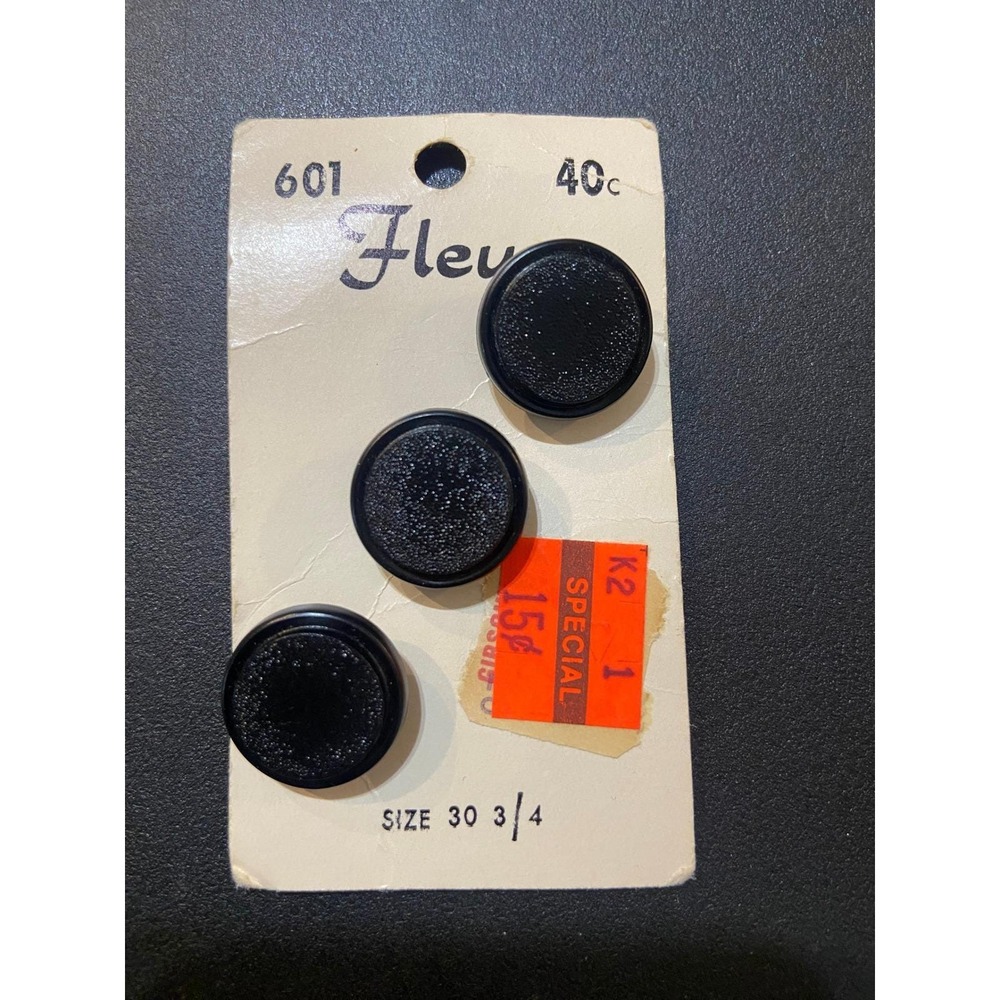 Vintage 1960's Fleur Vintage Black Round Buttons 30 3/4 Size Carded Set Qty 3
